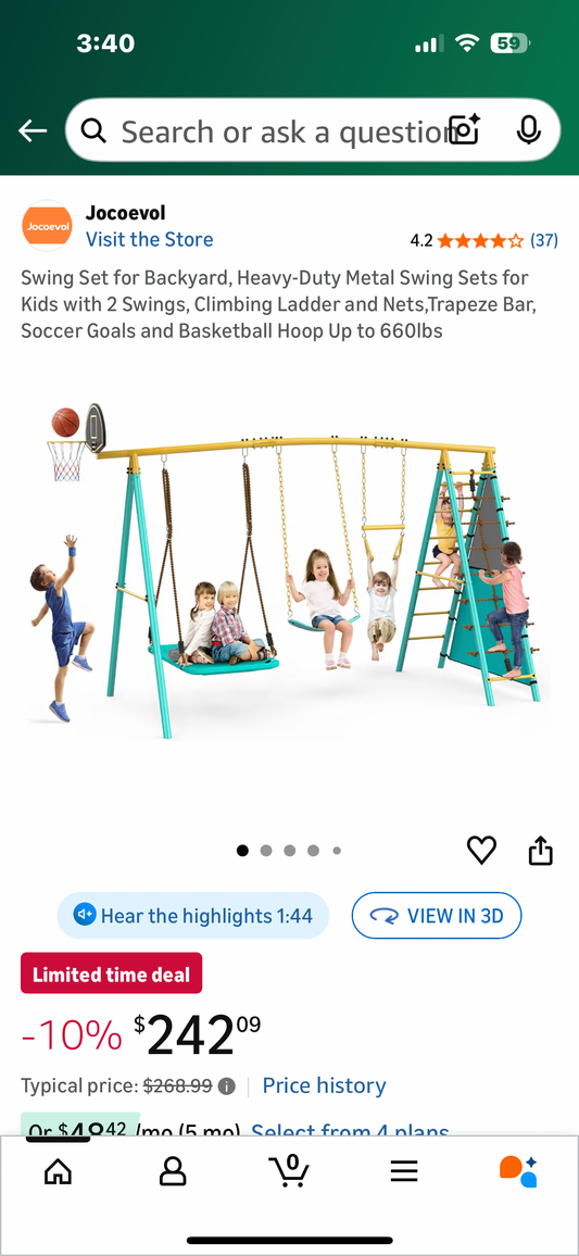 Swing Set for Backyard, Heavy-Duty Metal Swing Set for Kids with 2 Swings, Climbing Ladder and Nets,Trapeze Bar, Soccer Goals and Basketball Hoop, Up to 660lbs (W551)