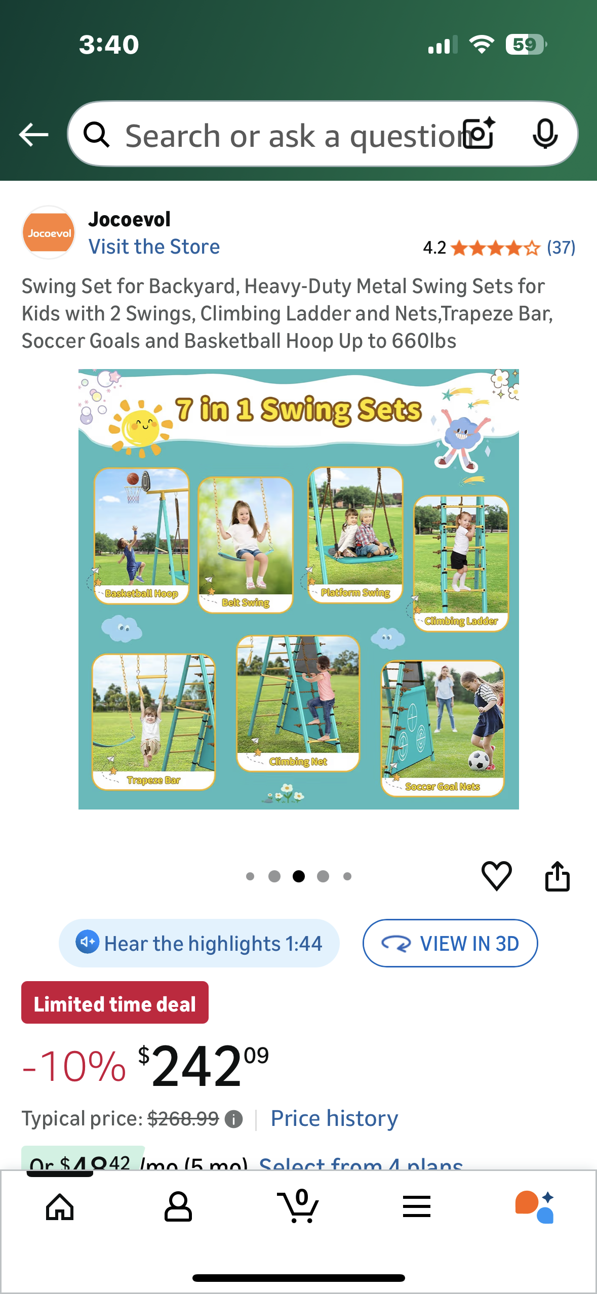 Swing Set for Backyard, Heavy-Duty Metal Swing Set for Kids with 2 Swings, Climbing Ladder and Nets,Trapeze Bar, Soccer Goals and Basketball Hoop, Up to 660lbs (W551)