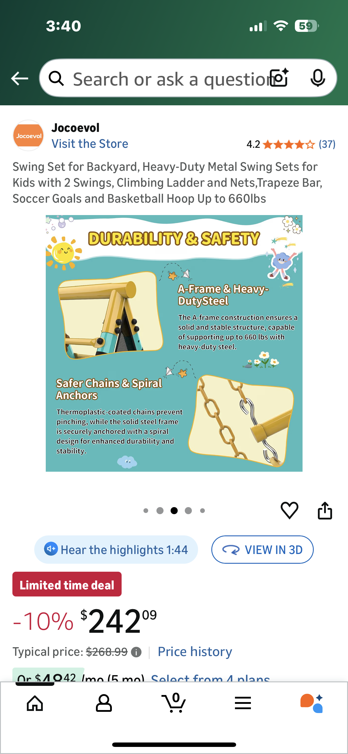 Swing Set for Backyard, Heavy-Duty Metal Swing Set for Kids with 2 Swings, Climbing Ladder and Nets,Trapeze Bar, Soccer Goals and Basketball Hoop, Up to 660lbs (W551)