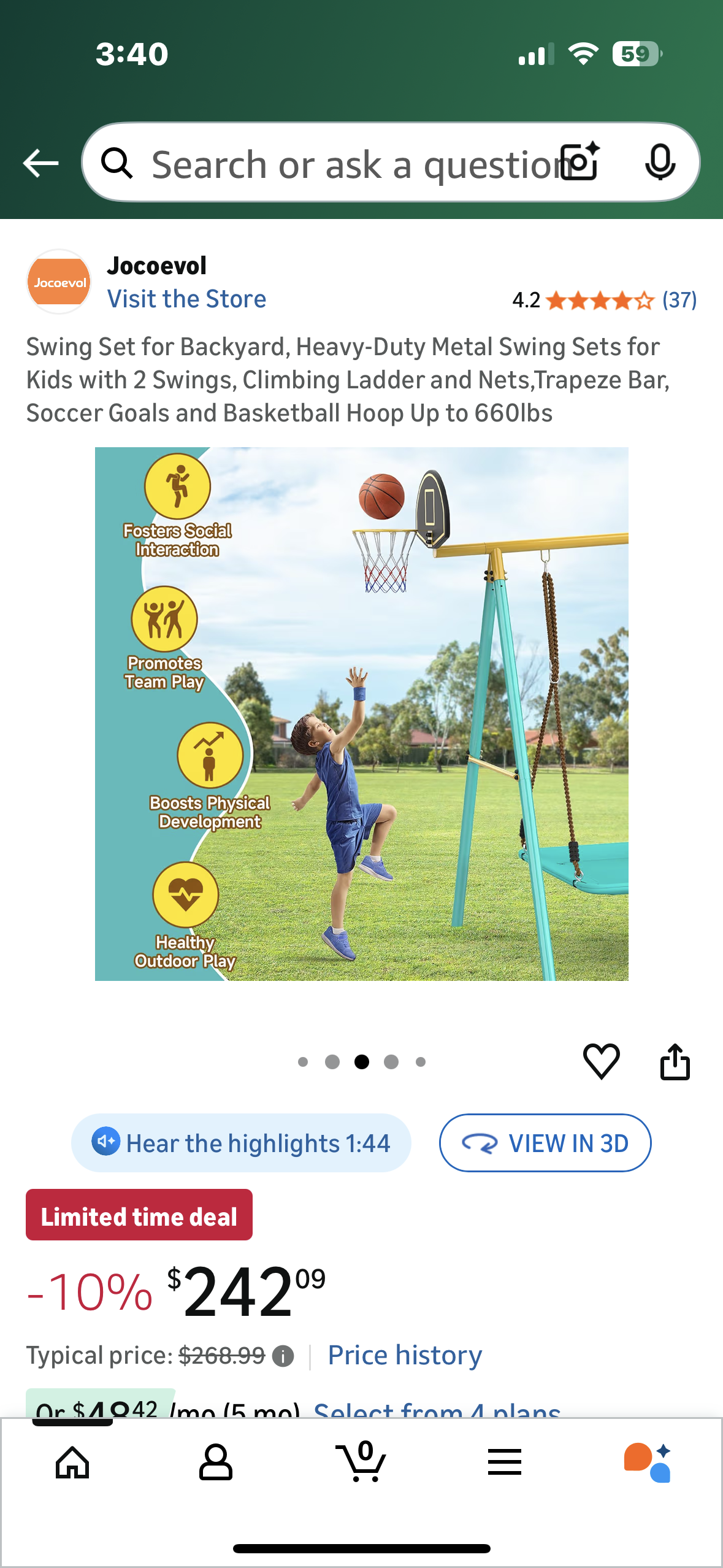 Swing Set for Backyard, Heavy-Duty Metal Swing Set for Kids with 2 Swings, Climbing Ladder and Nets,Trapeze Bar, Soccer Goals and Basketball Hoop, Up to 660lbs (W551)