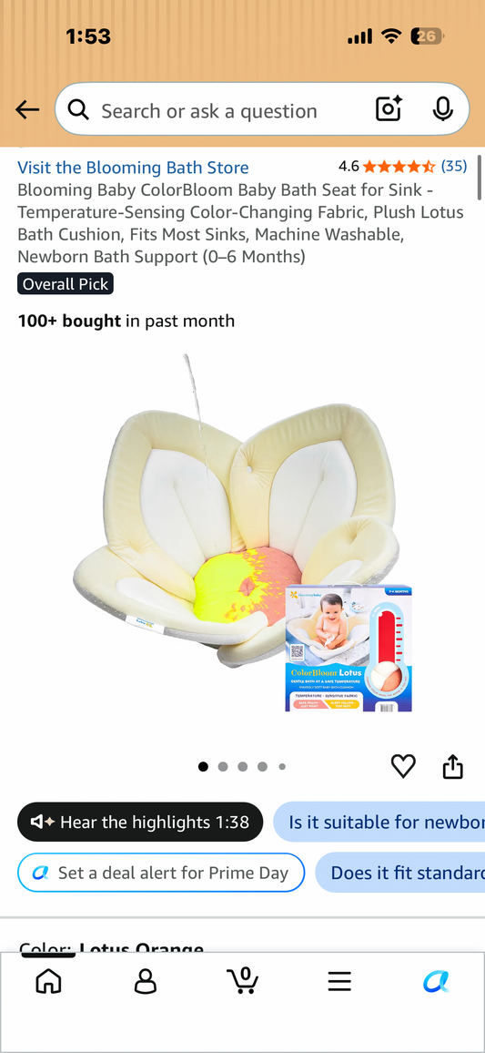 Blooming Baby ColorBloom Baby Bath Seat for Sink - Temperature-Sensing Color-Changing Fabric, Plush Lotus Bath Cushion, Fits Most Sinks, Machine Washable, Newborn Bath Support (0–6 Months)