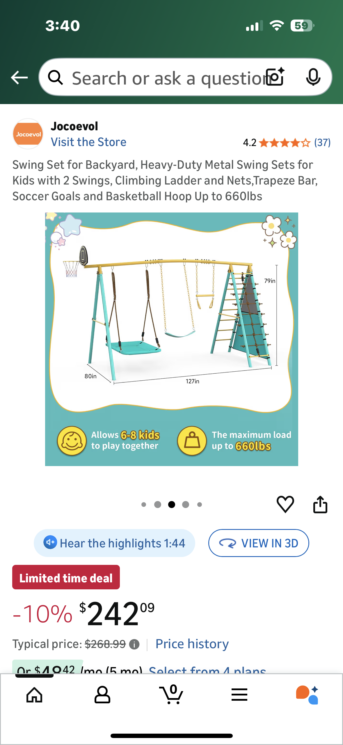 Swing Set for Backyard, Heavy-Duty Metal Swing Set for Kids with 2 Swings, Climbing Ladder and Nets,Trapeze Bar, Soccer Goals and Basketball Hoop, Up to 660lbs (W551)