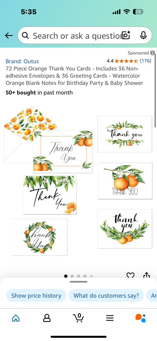 72 Piece Orange Thank You Cards - Includes 36 Non-adhesive Envelopes & 36 Greeting Cards