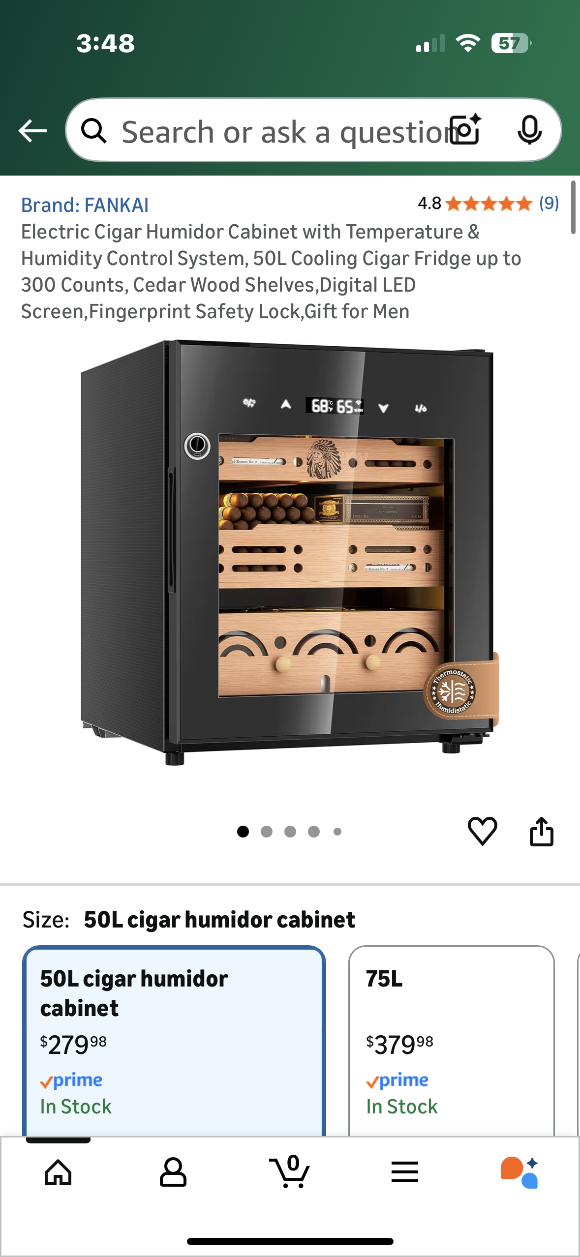 FANKAI Electric Humidor Cigar Cabinet with Temperature & Humidity Control System, 50L Cooling Cigar Fridge up to 300 Count, Cedar Wood Shelves,Digital LED Screen, Fingerprint Safety Lock (R751)