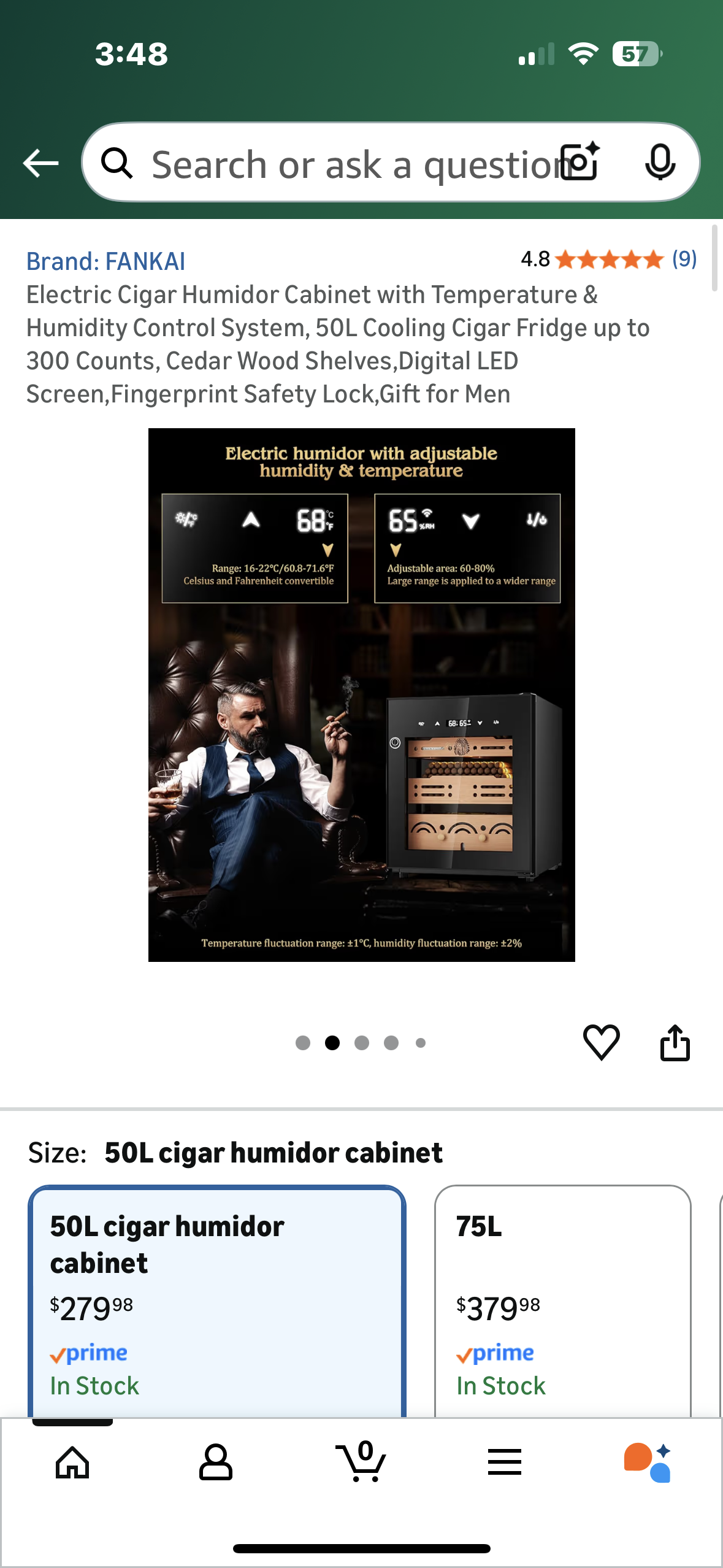 FANKAI Electric Humidor Cigar Cabinet with Temperature & Humidity Control System, 50L Cooling Cigar Fridge up to 300 Count, Cedar Wood Shelves,Digital LED Screen, Fingerprint Safety Lock (R751)