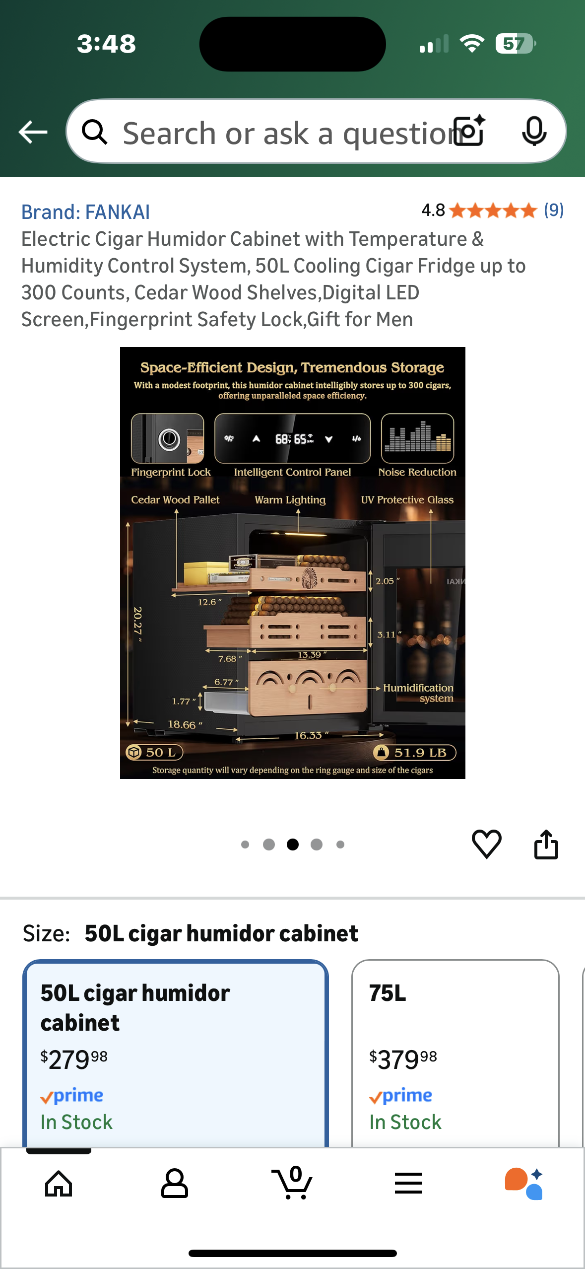 FANKAI Electric Humidor Cigar Cabinet with Temperature & Humidity Control System, 50L Cooling Cigar Fridge up to 300 Count, Cedar Wood Shelves,Digital LED Screen, Fingerprint Safety Lock (R751)