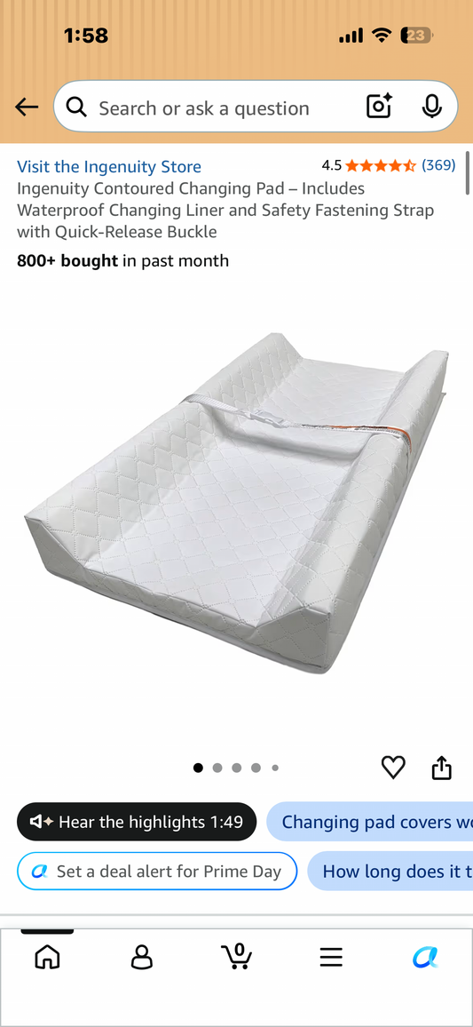 Ingenuity Contoured Changing Pad – Includes Waterproof Changing Liner and Safety Fastening Strap with Quick-Release Buckle