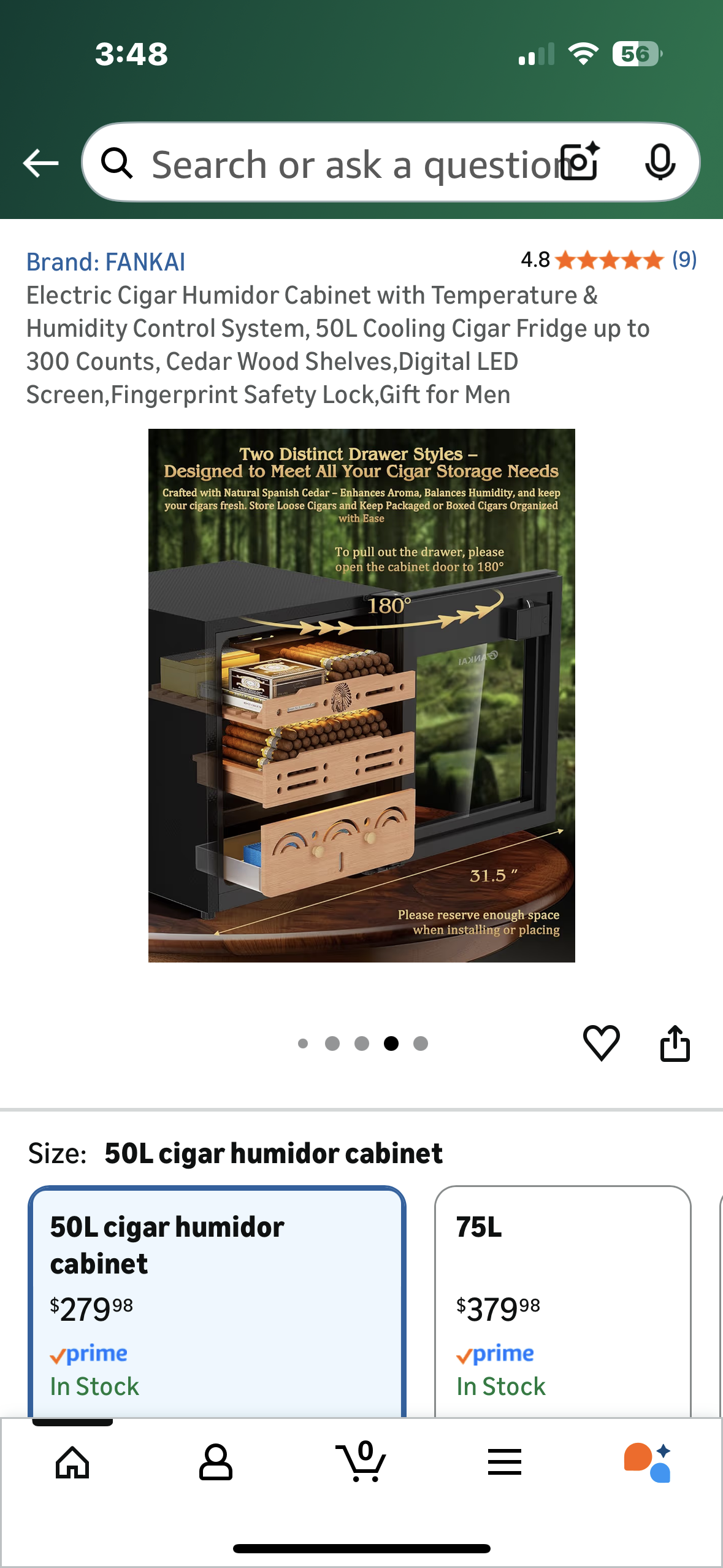 FANKAI Electric Humidor Cigar Cabinet with Temperature & Humidity Control System, 50L Cooling Cigar Fridge up to 300 Count, Cedar Wood Shelves,Digital LED Screen, Fingerprint Safety Lock (R751)