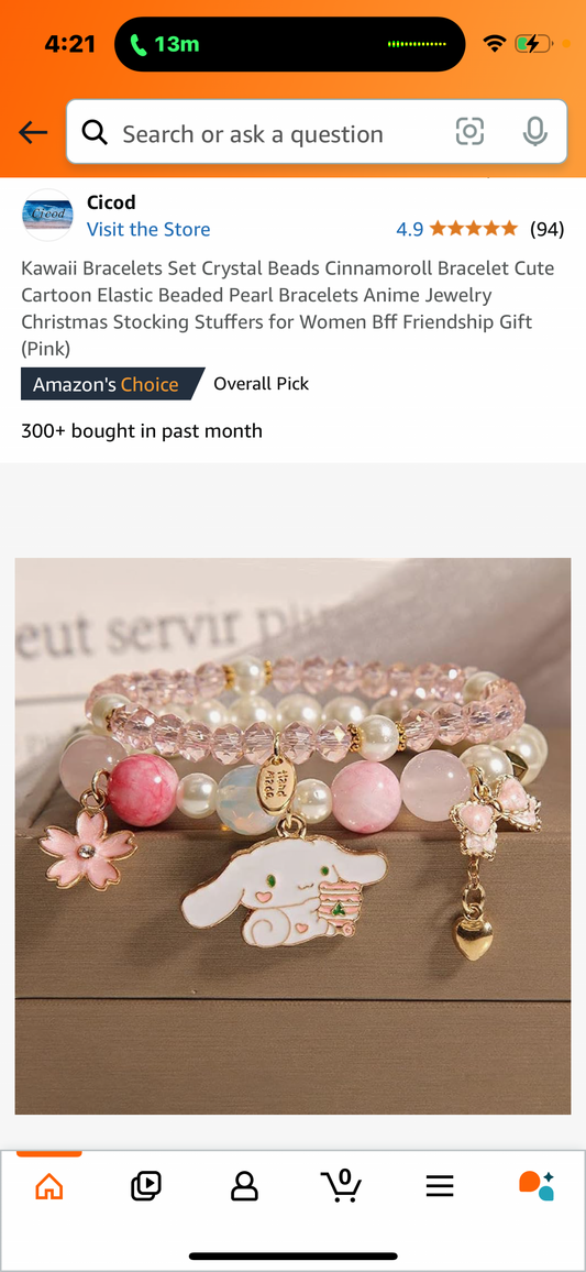 Kawaii Bracelets Set Crystal Beads Cinnamoroll Bracelet Cute Cartoon Elastic Beaded Pearl Bracelets Anime Jewelry Christmas Stocking Stuffers for Women Bff Friendship Gift (Pink