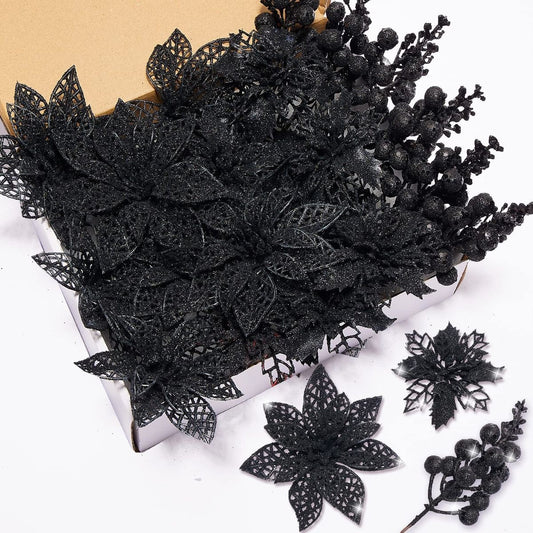 Zhuqing 22Pcs Halloween Artificial Flowers and Glitter Berries Stems Decorations (Black)
