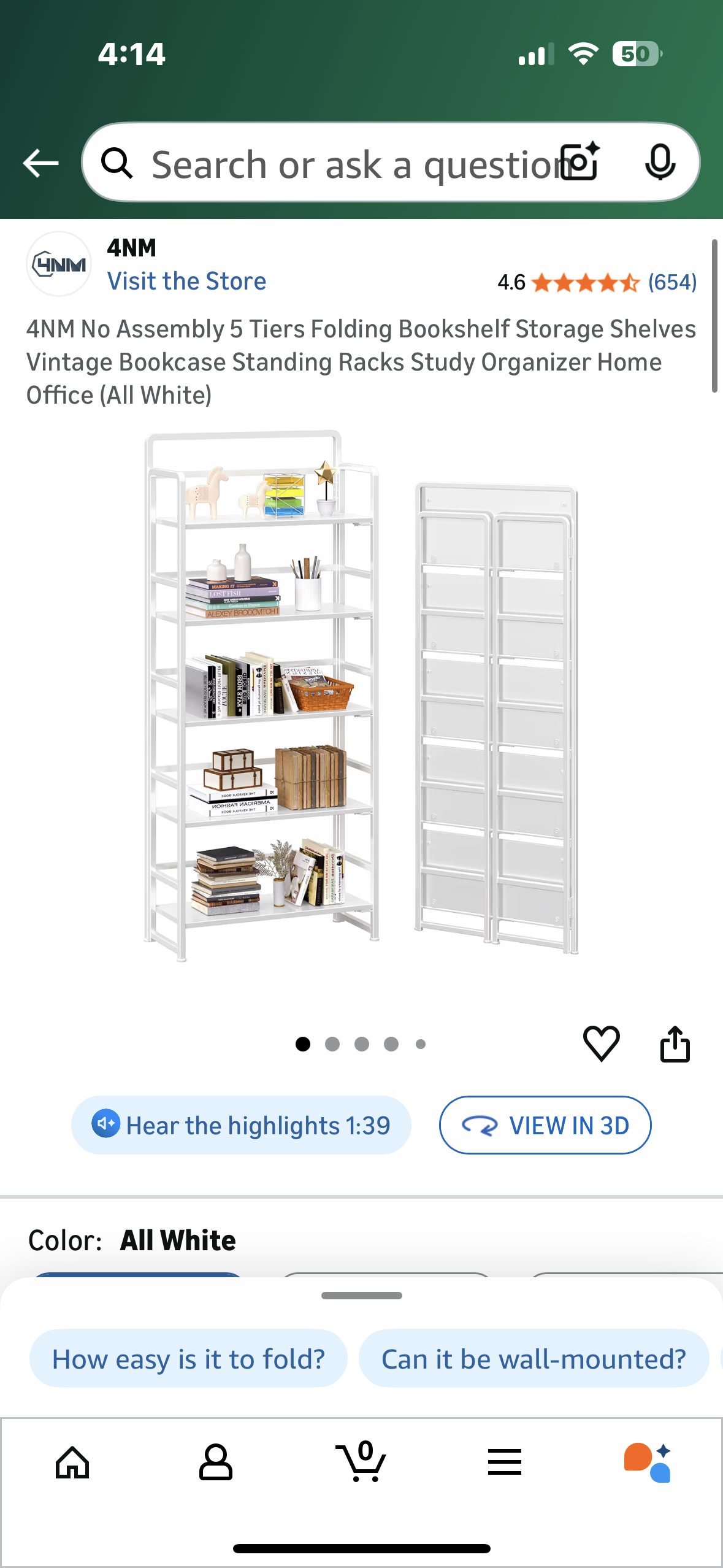 4NM 5 Tier Folding Bookshelf, No Assembly, Storage Shelves Vintage Bookcase, Standing Rack, Study Organizer, Home Office (All White) (G922)