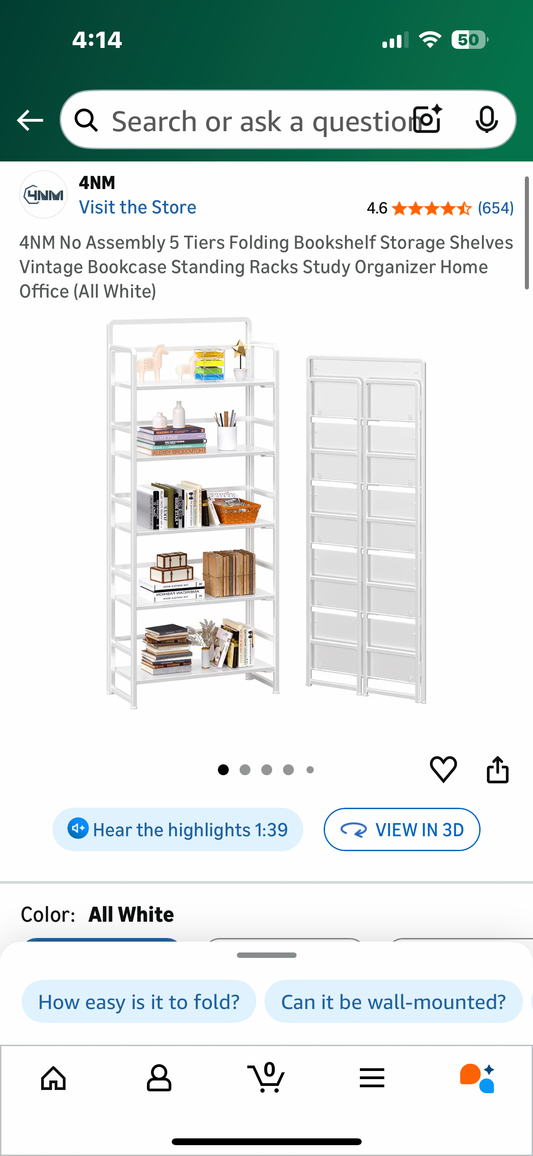 4NM 5 Tier Folding Bookshelf, No Assembly, Storage Shelves Vintage Bookcase, Standing Rack, Study Organizer, Home Office (All White) (G922)