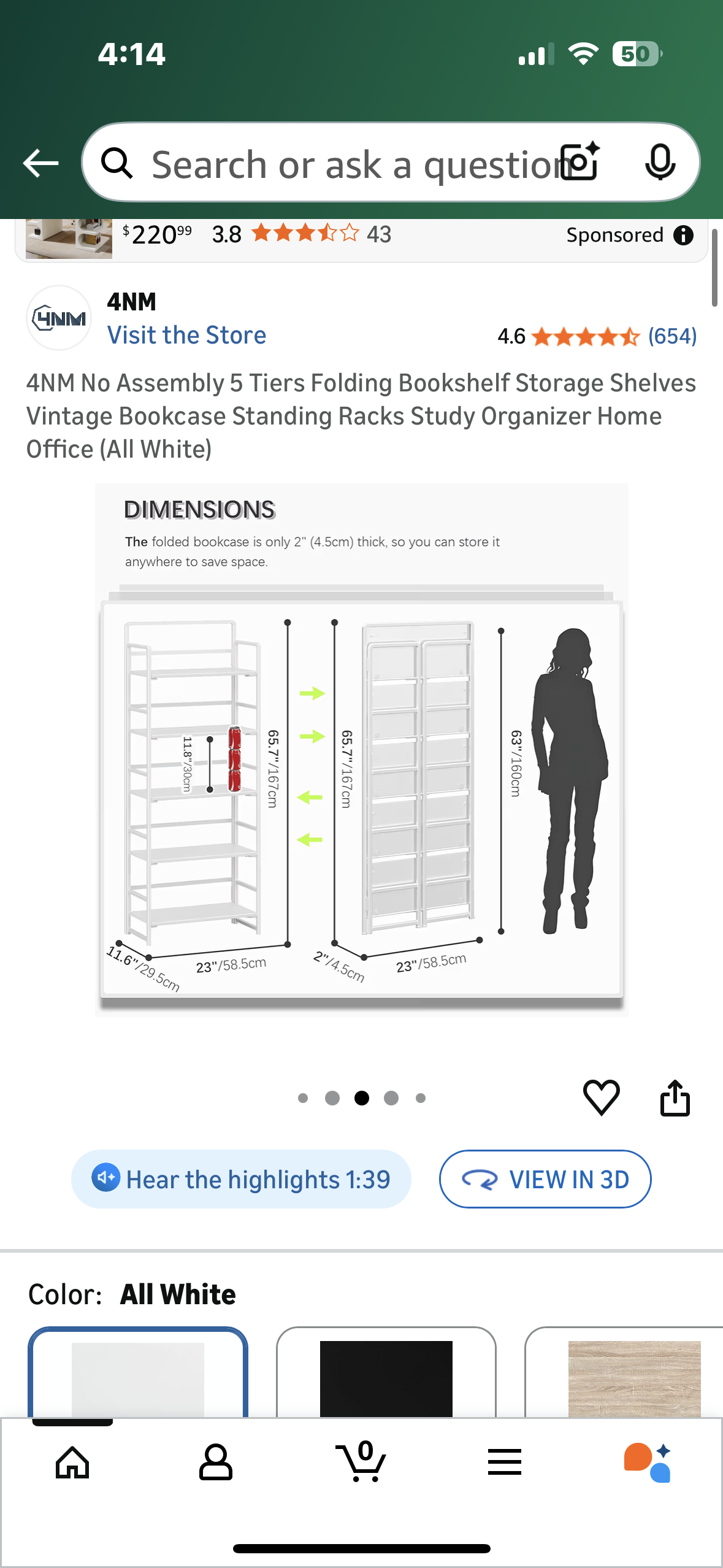 4NM 5 Tier Folding Bookshelf, No Assembly, Storage Shelves Vintage Bookcase, Standing Rack, Study Organizer, Home Office (All White) (G922)