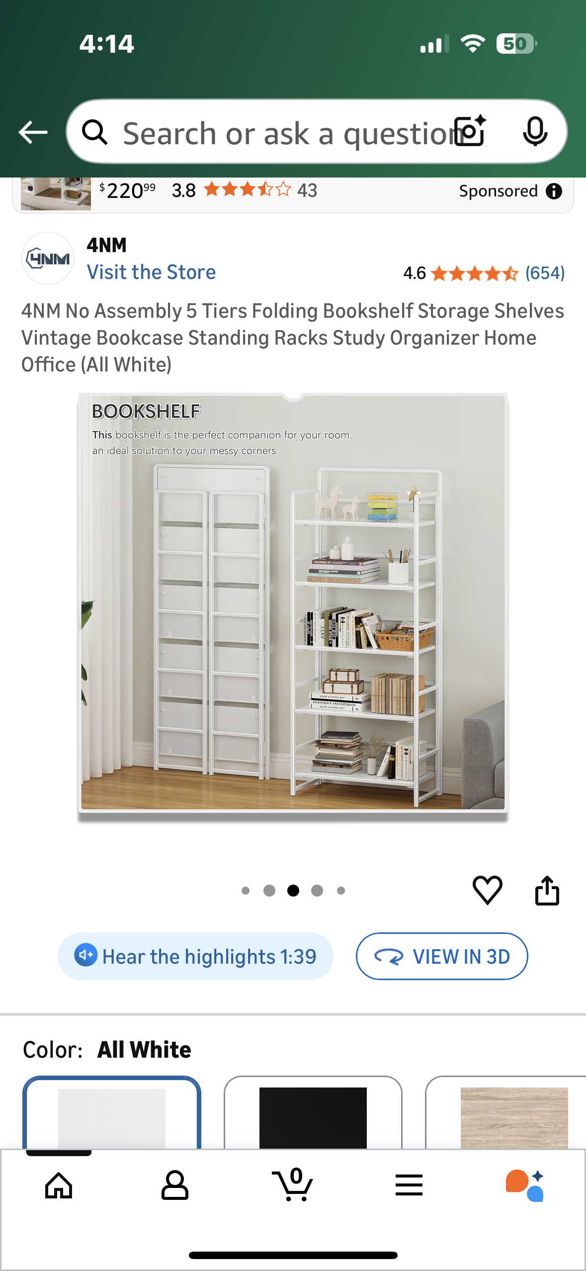 4NM 5 Tier Folding Bookshelf, No Assembly, Storage Shelves Vintage Bookcase, Standing Rack, Study Organizer, Home Office (All White) (G922)