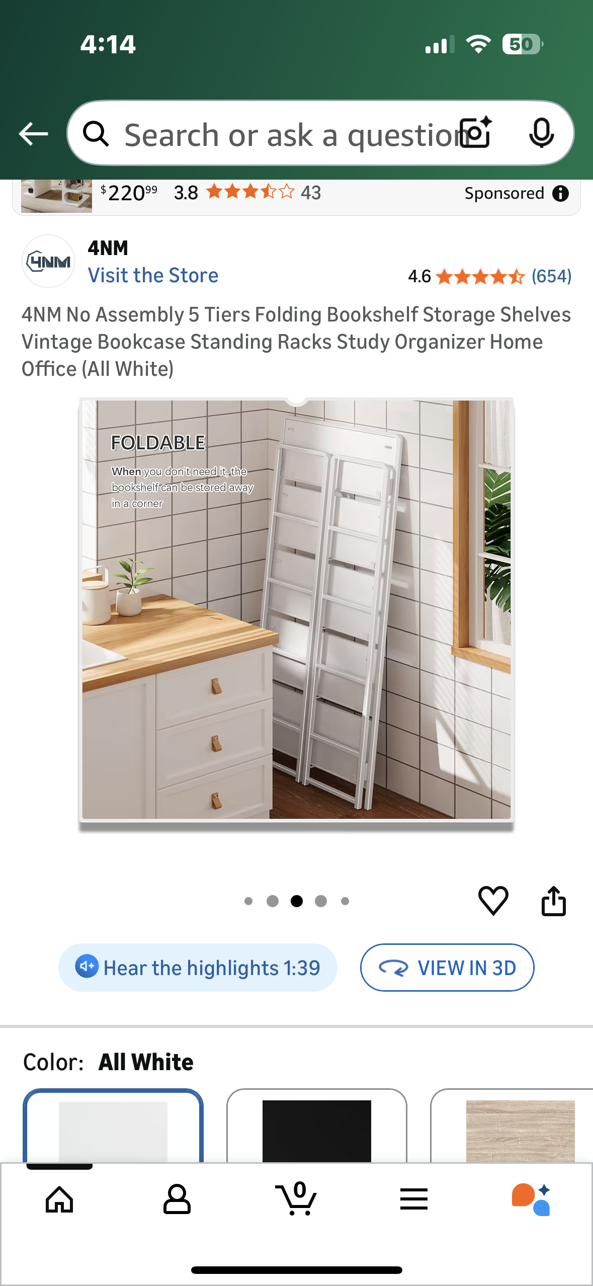 4NM 5 Tier Folding Bookshelf, No Assembly, Storage Shelves Vintage Bookcase, Standing Rack, Study Organizer, Home Office (All White) (G922)