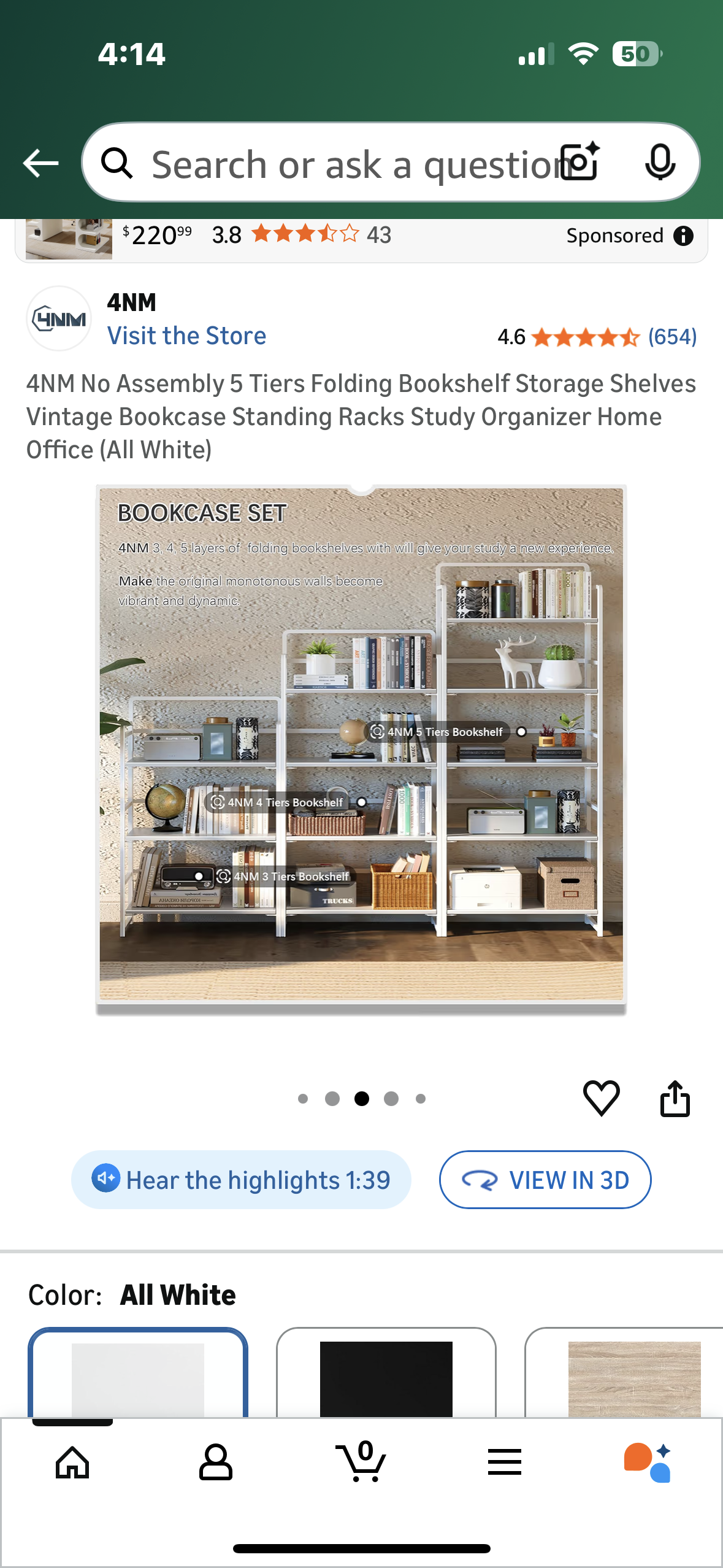 4NM 5 Tier Folding Bookshelf, No Assembly, Storage Shelves Vintage Bookcase, Standing Rack, Study Organizer, Home Office (All White) (G922)