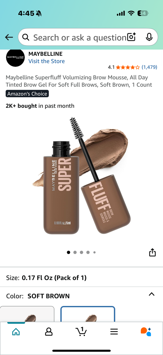 Maybelline Superfluff Volumizing Brow Mousse, All Day Tinted Brow Gel For Soft Full Brows, Soft Brown, 1 Count
