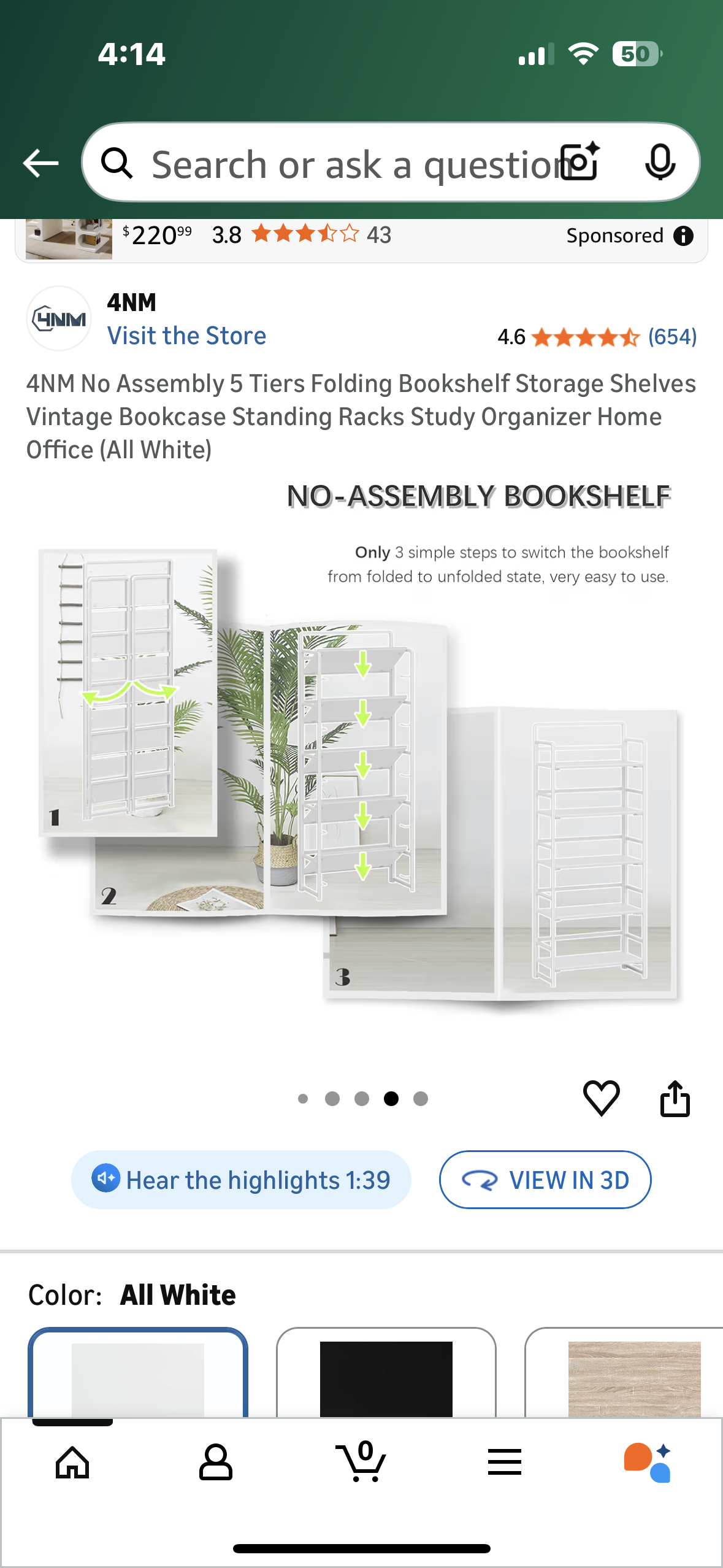 4NM 5 Tier Folding Bookshelf, No Assembly, Storage Shelves Vintage Bookcase, Standing Rack, Study Organizer, Home Office (All White) (G922)
