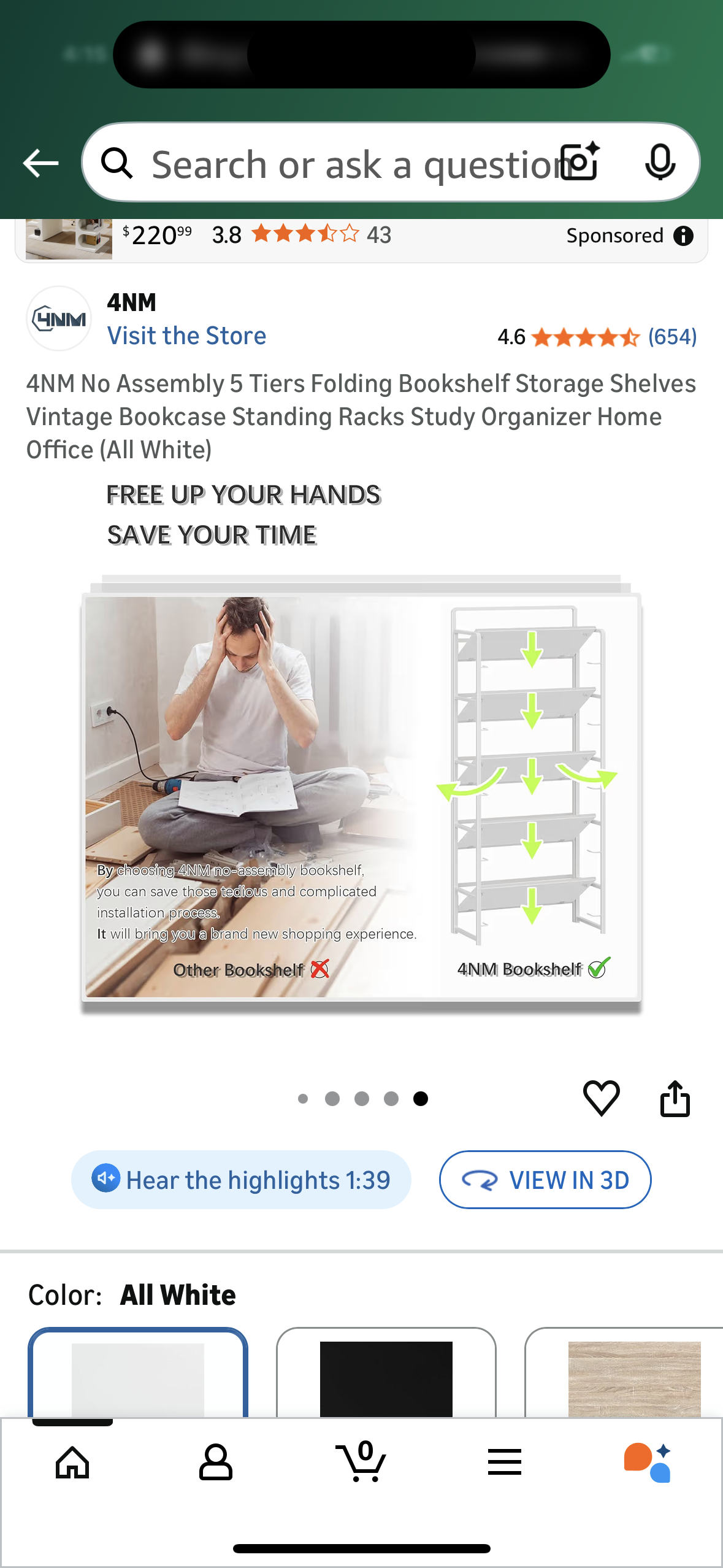 4NM 5 Tier Folding Bookshelf, No Assembly, Storage Shelves Vintage Bookcase, Standing Rack, Study Organizer, Home Office (All White) (G922)