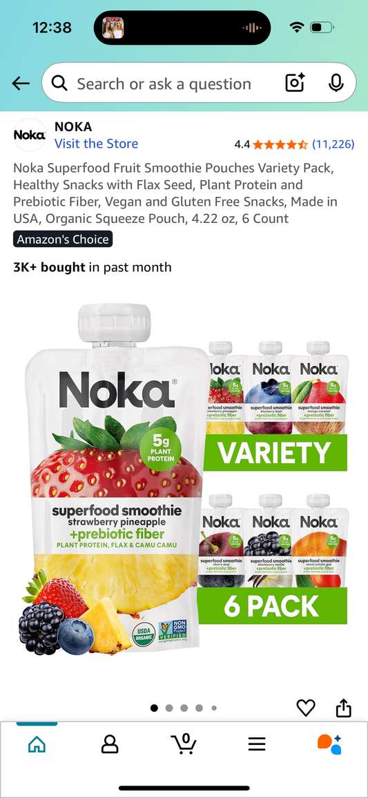 Noka Superfood Fruit Smoothie Pouches Variety Pack, Healthy Snacks with Flax Seed, Plant Protein and Prebiotic Fiber, Vegan and Gluten Free Snacks, Made in USA, Organic Squeeze Pouch, 4.22 oz, 6 Count