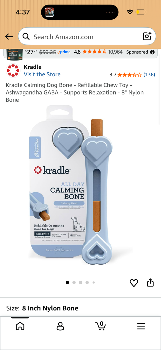 Kradle Calming Dog Bone - Refillable Chew Toy - Ashwagandha GABA - Supports Relaxation - 8" Nylon Bone