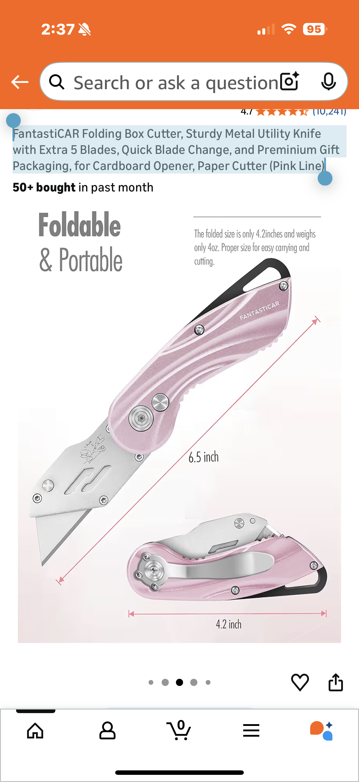 Folding Box Cutter, Sturdy Metal Utility Knife with Extra 5 Blades, Quick Blade Change, and Preminium Gift Packaging, for Cardboard Opener, Paper Cutter (Pink Line)