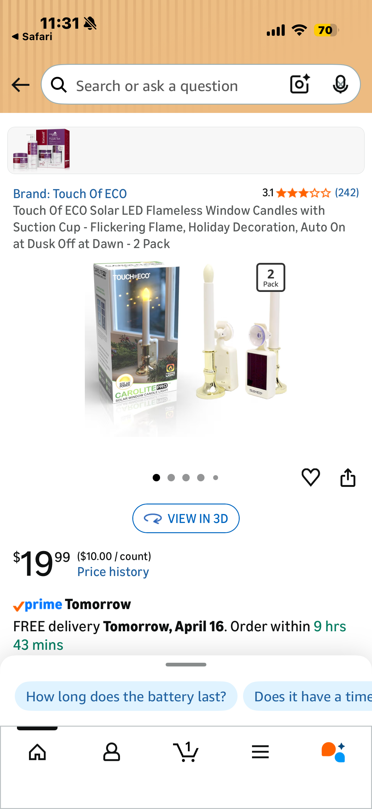 Touch Of ECO Solar LED Flameless Window Candles with Suction Cup - Flickering Flame, Holiday Decoration, Auto On at Dusk Off at Dawn - 2 Pack