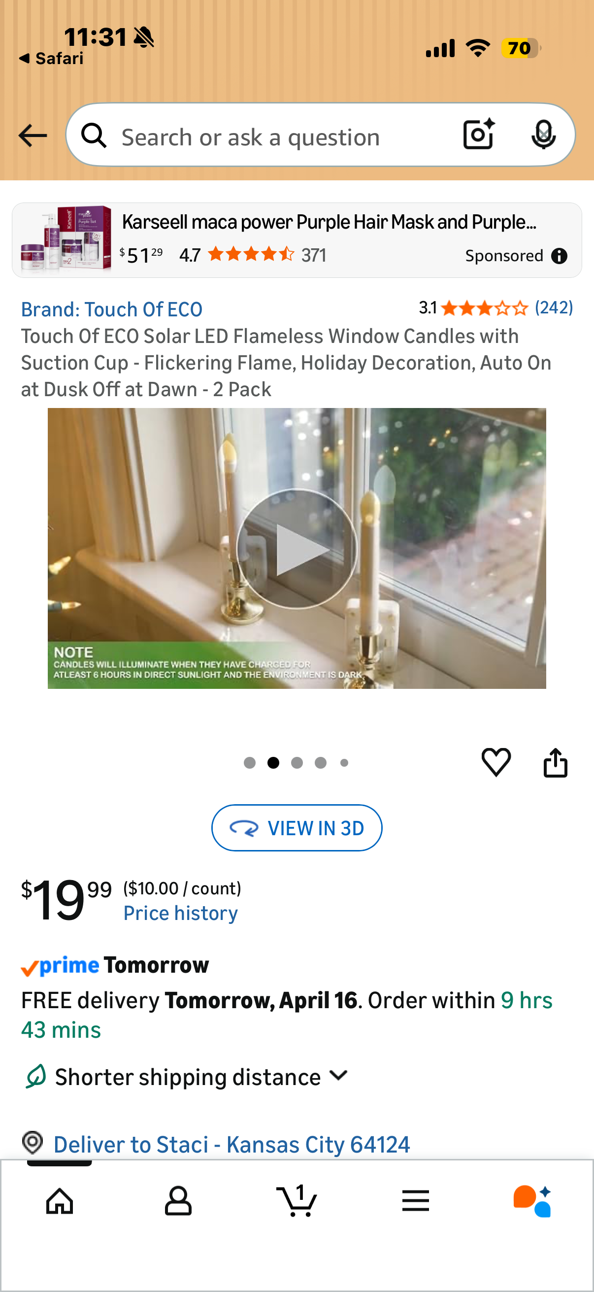 Touch Of ECO Solar LED Flameless Window Candles with Suction Cup - Flickering Flame, Holiday Decoration, Auto On at Dusk Off at Dawn - 2 Pack