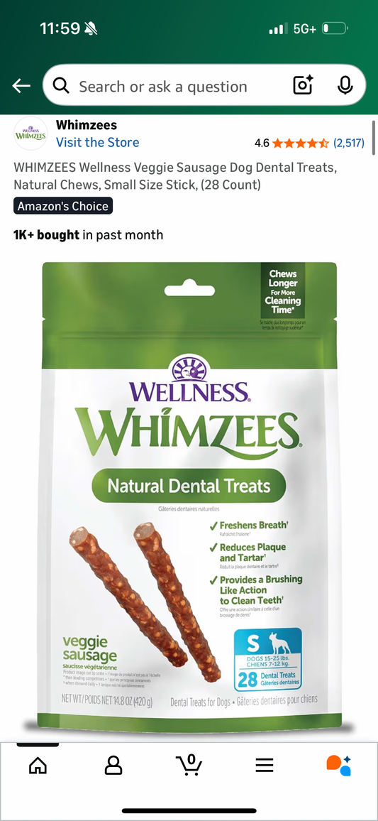 WHIMZEES Wellness Veggie Sausage Dog Dental Treats, Natural Chews, Small Size Stick, (28 Count)
