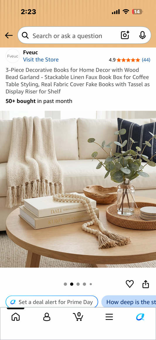 3-Piece Decorative Books for Home Decor with Wood Bead Garland - Stackable Linen Faux Book Box for Coffee Table Styling, Real Fabric Cover Fake Books with Tassel as Display