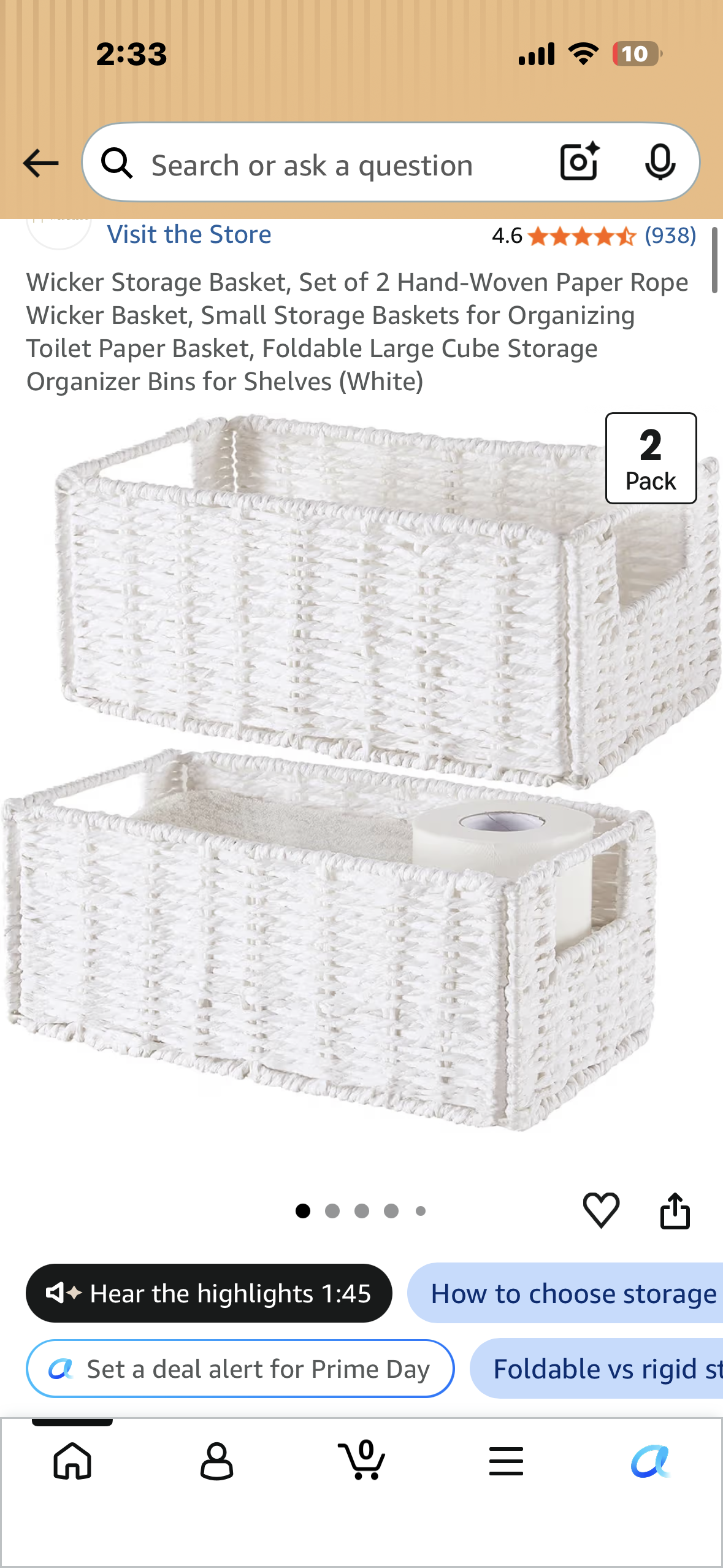 Wicker Storage Basket, Set of 2 Hand-Woven Paper Rope Wicker Basket, Small Storage Baskets for Organizing Toilet Paper Basket, Foldable Large Cube Storage Organizer Bins for Shelves (White)