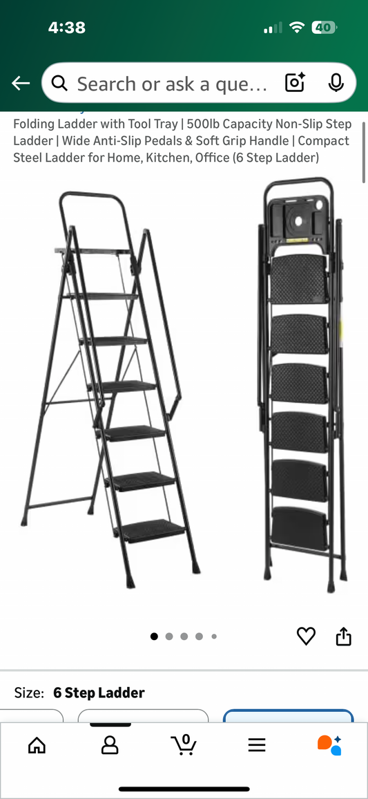 Folding Ladder with Tool Tray | 500lb Capacity Non-Slip Step Ladder | Wide Anti-Slip Pedals & Soft Grip Handle | Compact Steel Ladder for Home, Kitchen, Office (6 Step Ladder) (G923)