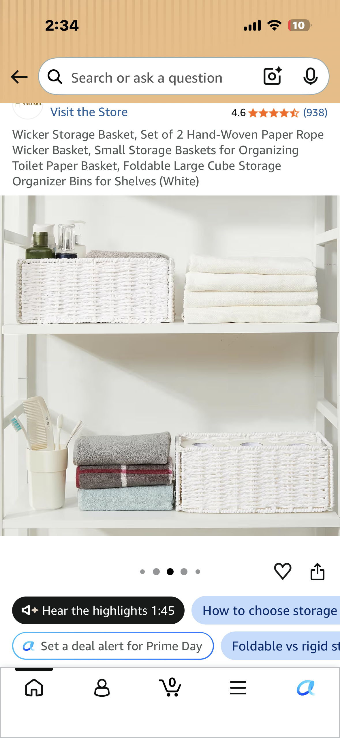 Wicker Storage Basket, Set of 2 Hand-Woven Paper Rope Wicker Basket, Small Storage Baskets for Organizing Toilet Paper Basket, Foldable Large Cube Storage Organizer Bins for Shelves (White)