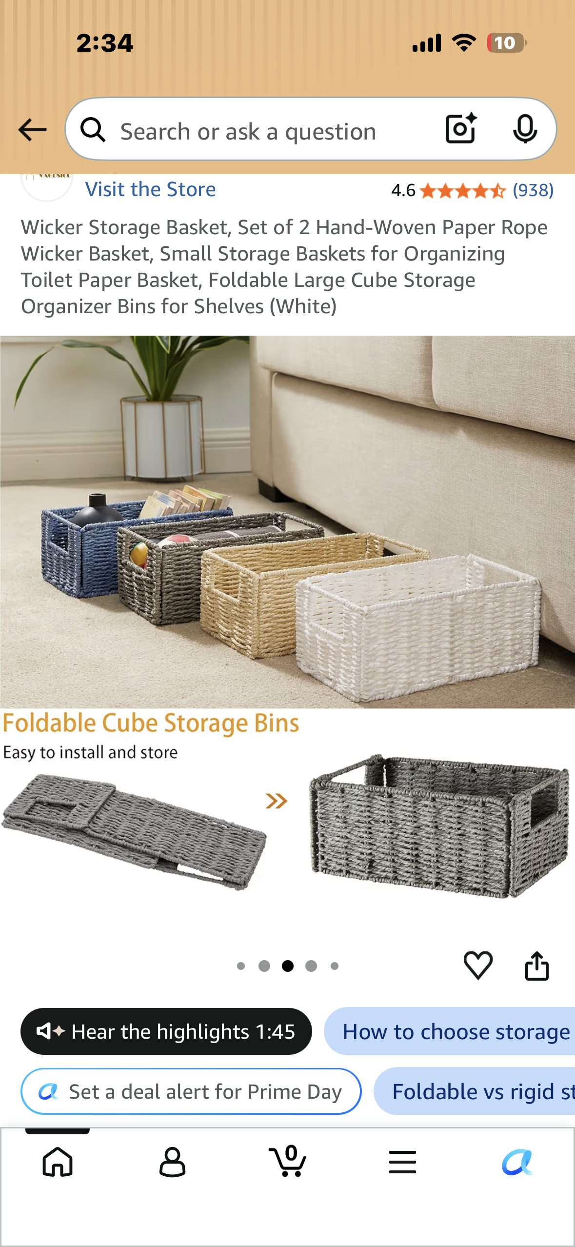 Wicker Storage Basket, Set of 2 Hand-Woven Paper Rope Wicker Basket, Small Storage Baskets for Organizing Toilet Paper Basket, Foldable Large Cube Storage Organizer Bins for Shelves (White)