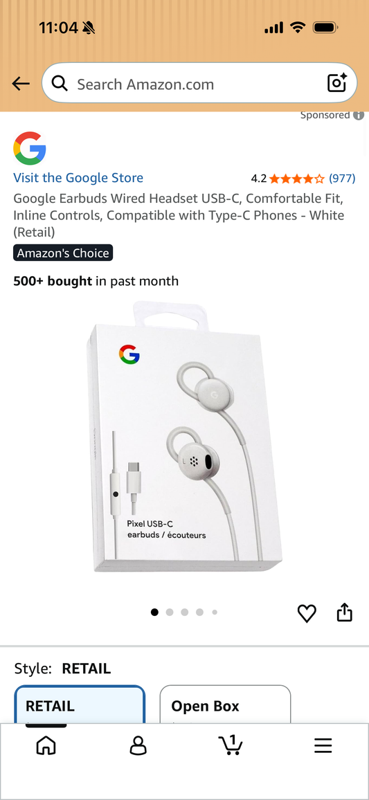 Google Earbuds Wired Headset USB-C, Comfortable Fit, Inline Controls, Compatible with Type-C Phones - White (Retail)