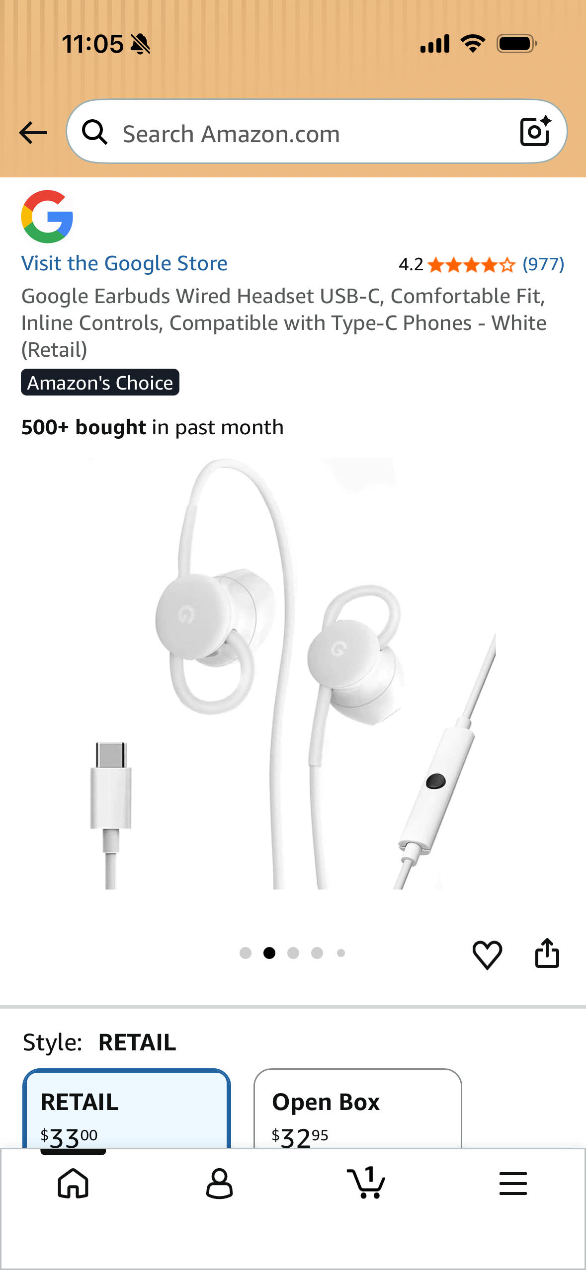 Google Earbuds Wired Headset USB-C, Comfortable Fit, Inline Controls, Compatible with Type-C Phones - White (Retail)