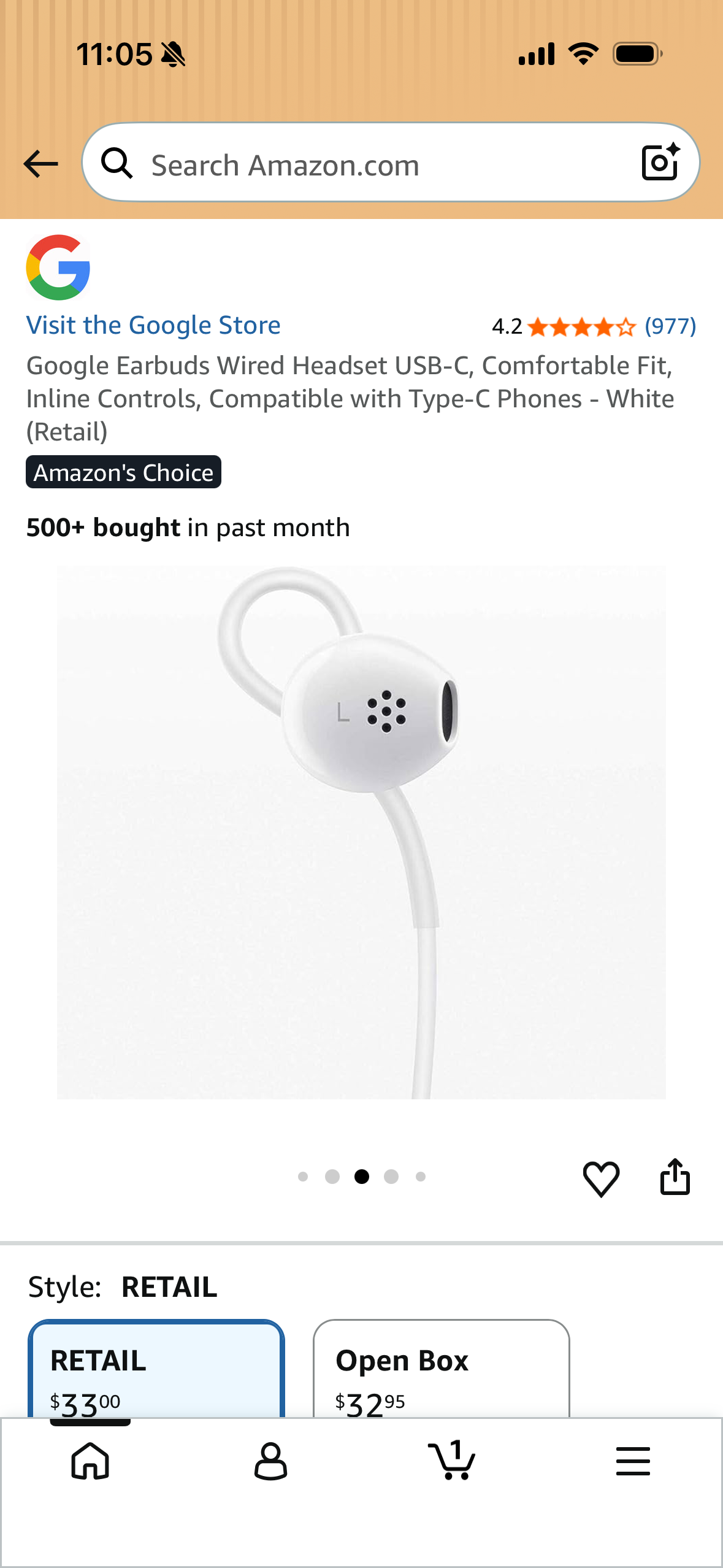 Google Earbuds Wired Headset USB-C, Comfortable Fit, Inline Controls, Compatible with Type-C Phones - White (Retail)