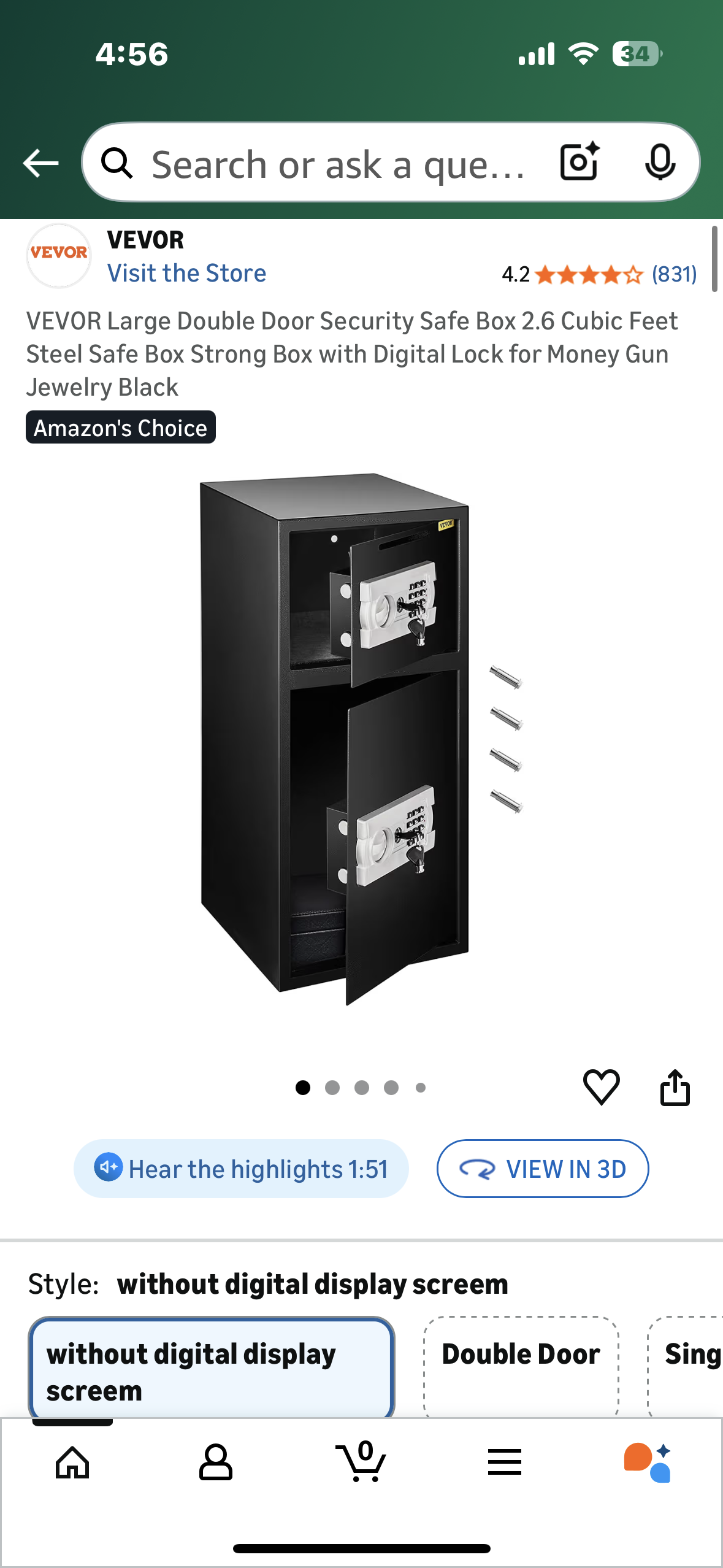 VEVOR Large Double Door Security Safe Box, 2.6 Cubic Feet, Steel Safe Box, Strong Box with Digital Lock for Money, Gun, Jewelry, Black (O461)