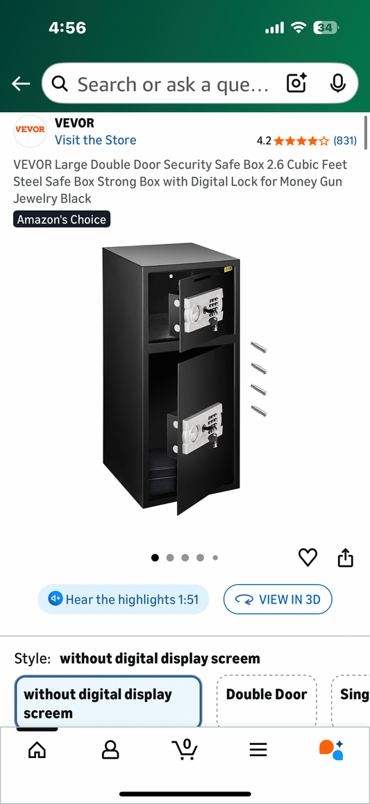 VEVOR Large Double Door Security Safe Box, 2.6 Cubic Feet, Steel Safe Box, Strong Box with Digital Lock for Money, Gun, Jewelry, Black (O461)