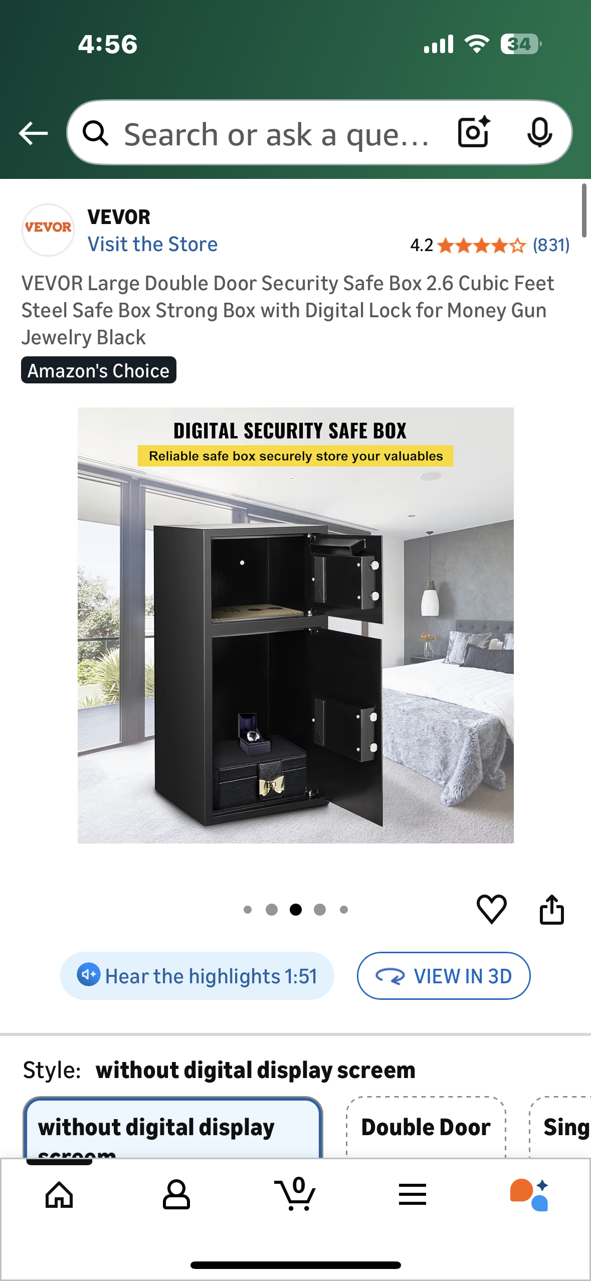 VEVOR Large Double Door Security Safe Box, 2.6 Cubic Feet, Steel Safe Box, Strong Box with Digital Lock for Money, Gun, Jewelry, Black (O461)