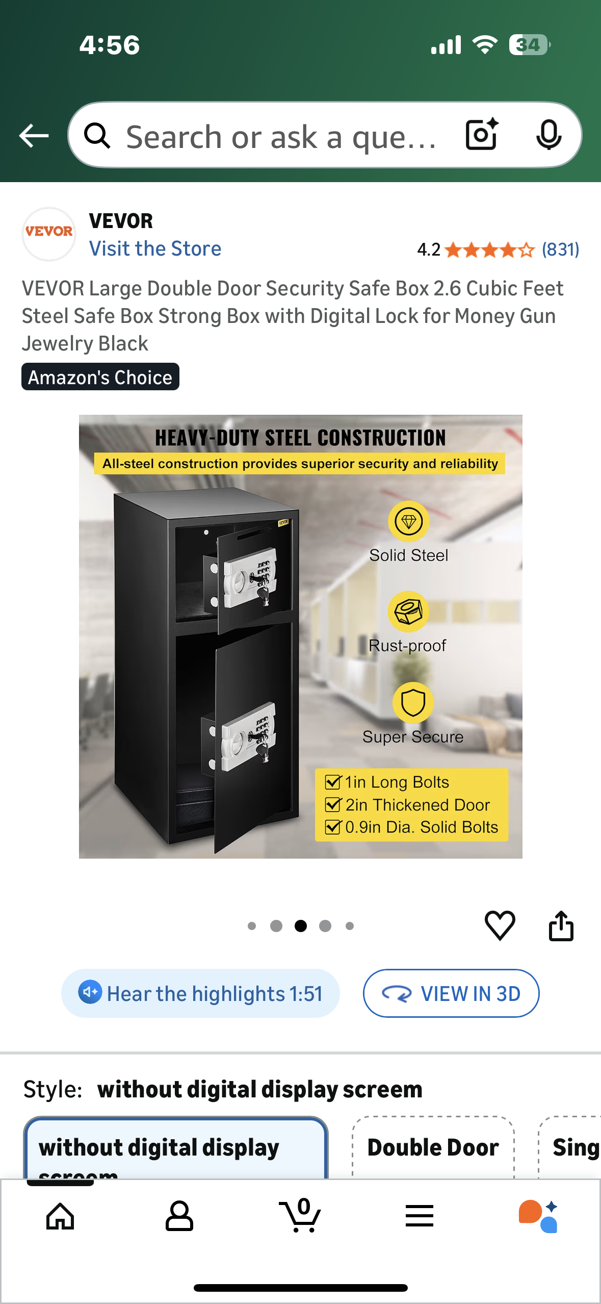 VEVOR Large Double Door Security Safe Box, 2.6 Cubic Feet, Steel Safe Box, Strong Box with Digital Lock for Money, Gun, Jewelry, Black (O461)