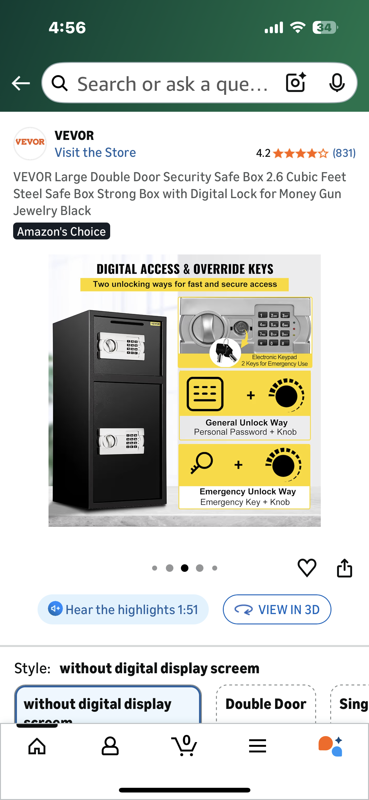 VEVOR Large Double Door Security Safe Box, 2.6 Cubic Feet, Steel Safe Box, Strong Box with Digital Lock for Money, Gun, Jewelry, Black (O461)