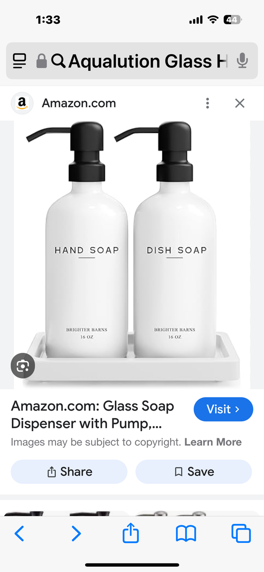 Aqualution Glass Hand and Dish Soap Dispenser Set with 2 Trays - Kitchen or Bathroom Soap Dispensers with Pumps, Hand Soap, Dish Soap, Lotion - Elegant White & Black Design