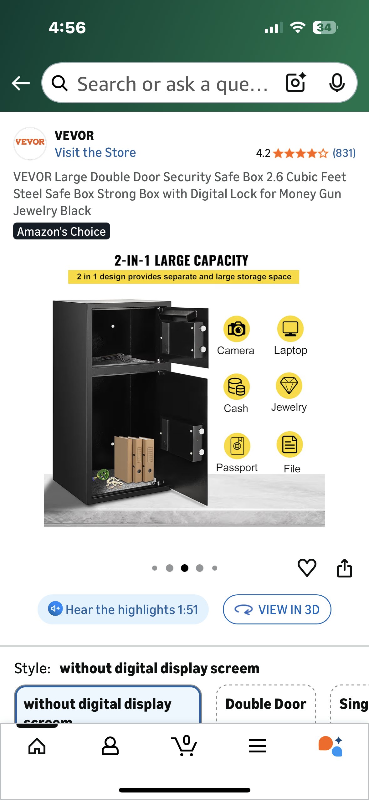 VEVOR Large Double Door Security Safe Box, 2.6 Cubic Feet, Steel Safe Box, Strong Box with Digital Lock for Money, Gun, Jewelry, Black (O461)