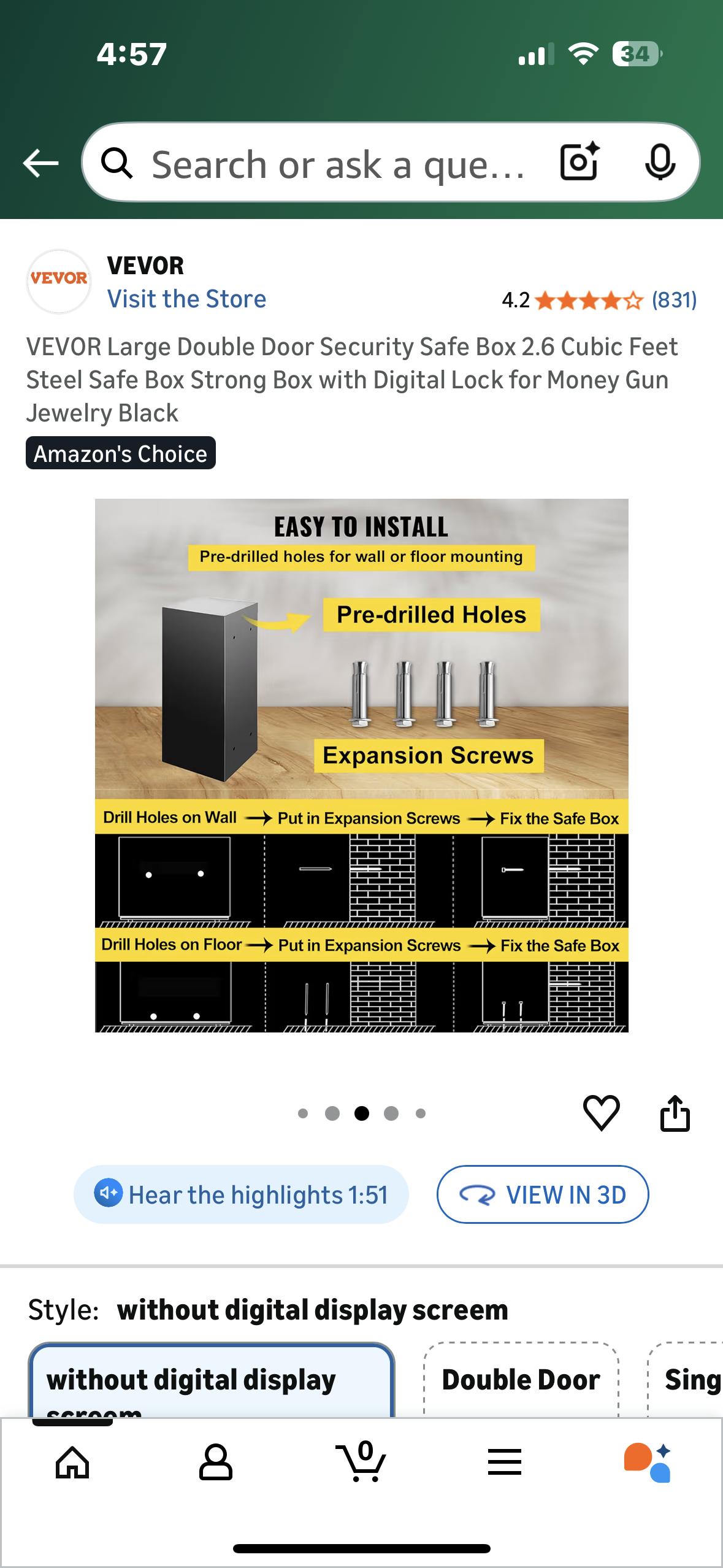 VEVOR Large Double Door Security Safe Box, 2.6 Cubic Feet, Steel Safe Box, Strong Box with Digital Lock for Money, Gun, Jewelry, Black (O461)