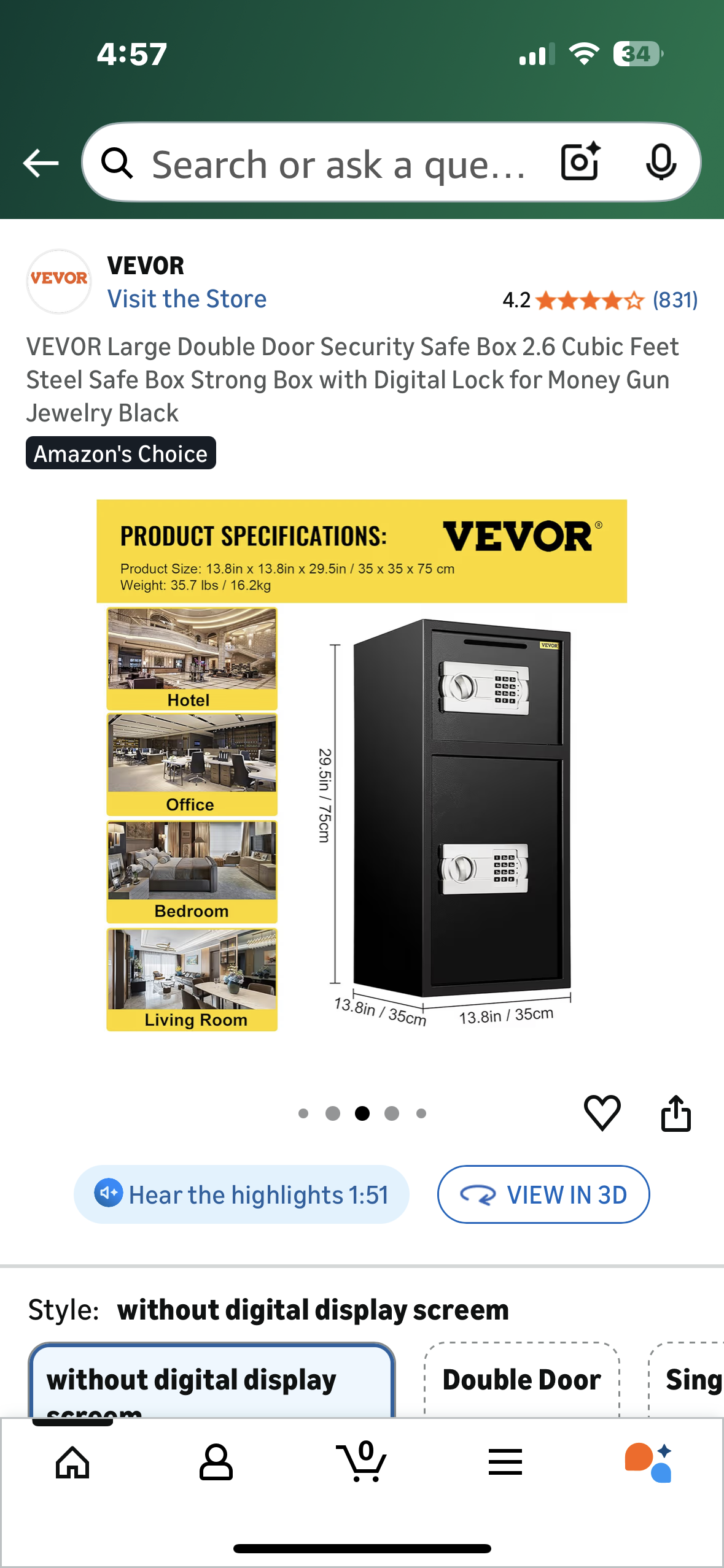 VEVOR Large Double Door Security Safe Box, 2.6 Cubic Feet, Steel Safe Box, Strong Box with Digital Lock for Money, Gun, Jewelry, Black (O461)