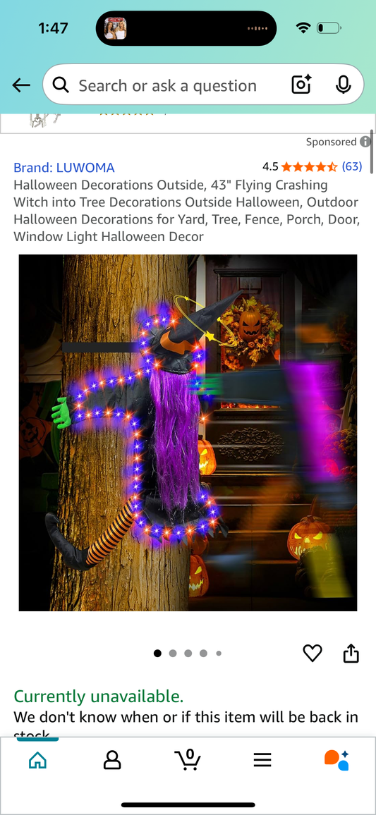 Halloween Decorations Outside, 43" Flying Crashing Witch into Tree Decorations Outside Halloween, Outdoor Halloween Decorations for Yard, Tree, Fence, Porch, Door, Window Light Halloween Decor