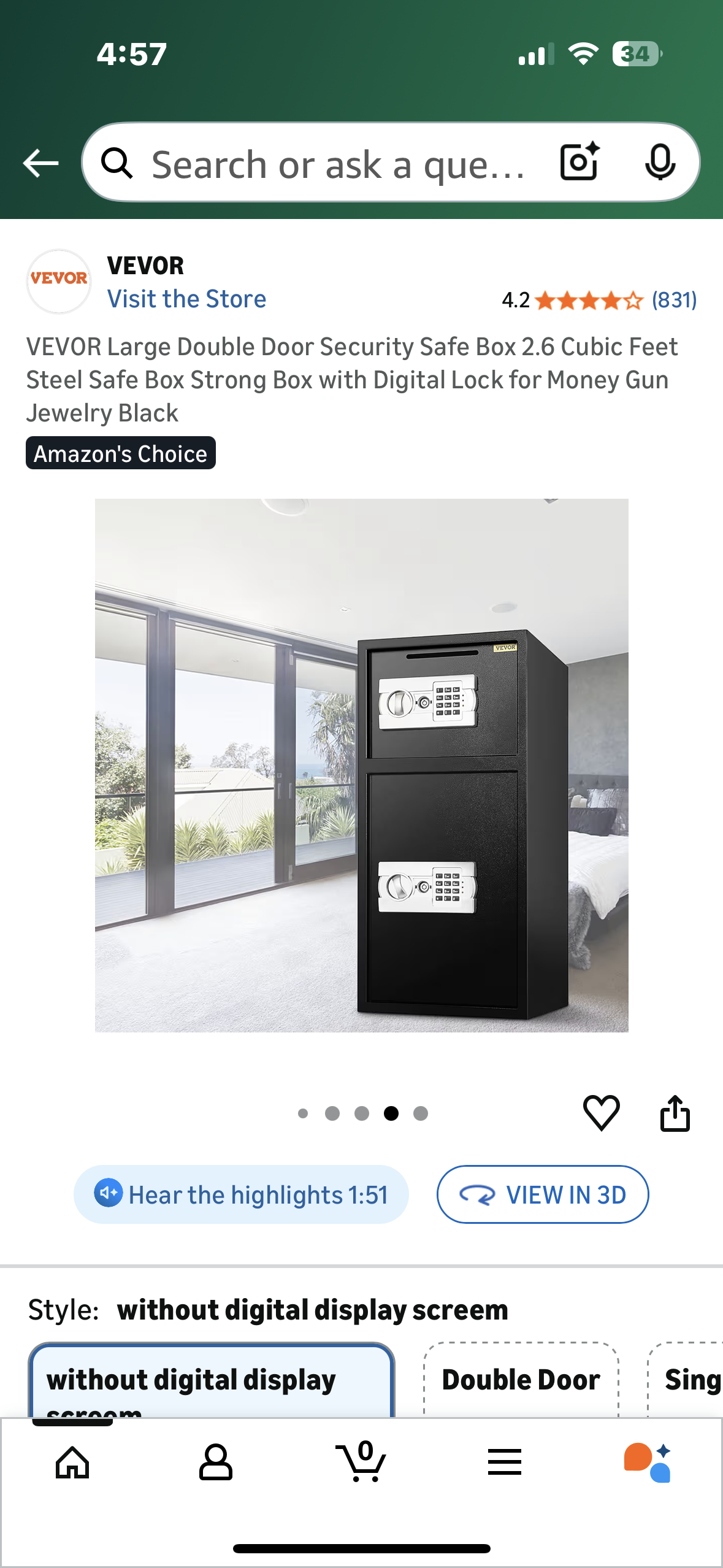 VEVOR Large Double Door Security Safe Box, 2.6 Cubic Feet, Steel Safe Box, Strong Box with Digital Lock for Money, Gun, Jewelry, Black (O461)