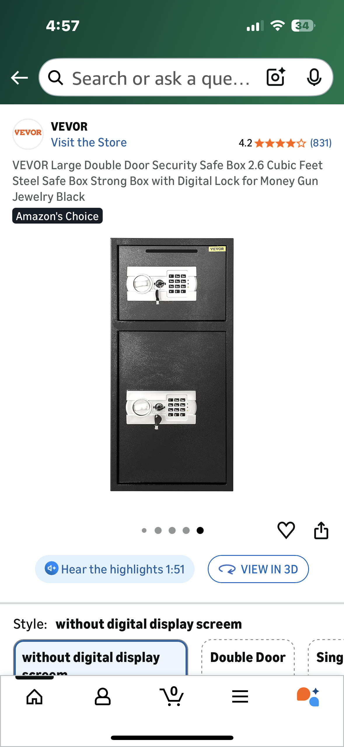 VEVOR Large Double Door Security Safe Box, 2.6 Cubic Feet, Steel Safe Box, Strong Box with Digital Lock for Money, Gun, Jewelry, Black (O461)