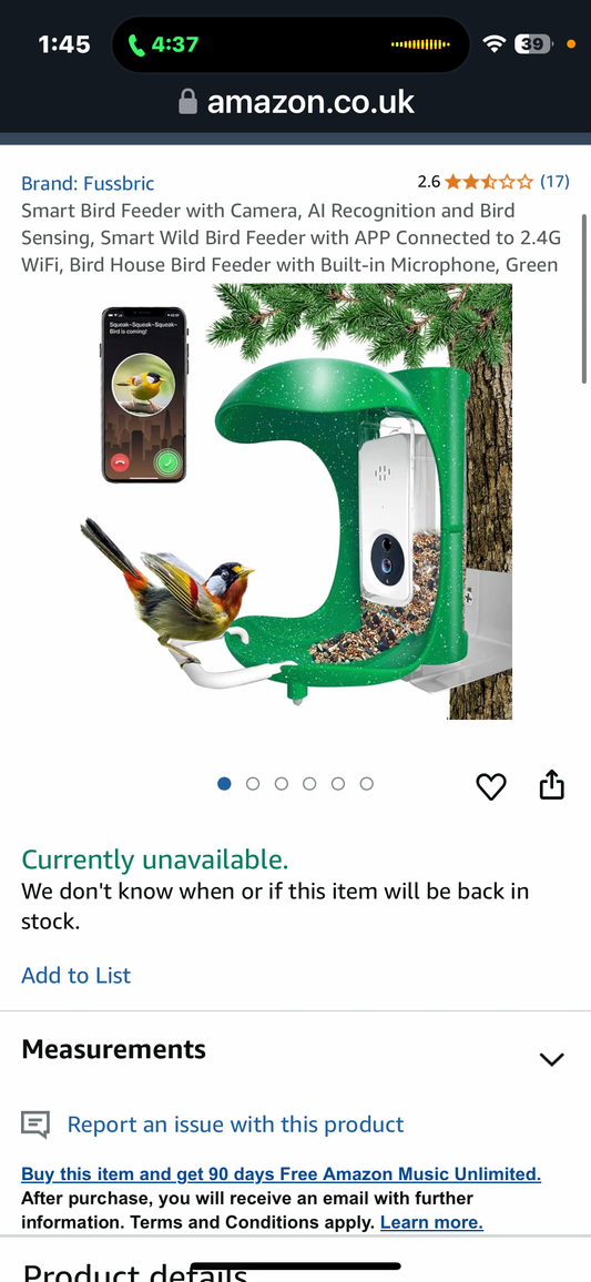 Fussbric Smart Bird Feeder with Camera, AI Recognition, Bird Sensing, WiFi APP Connection - Green